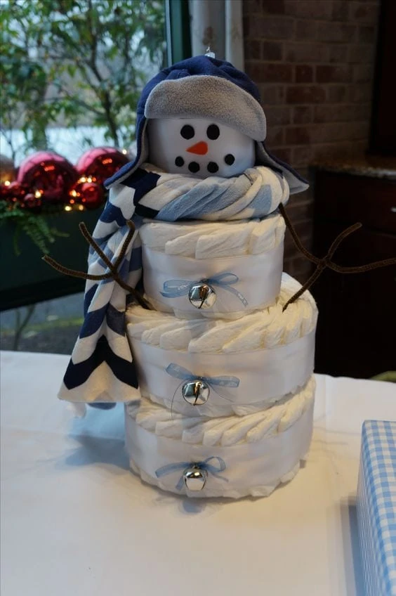 winter baby shower blue snowman diaper cake